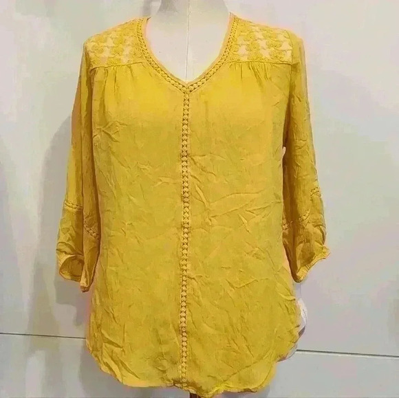 John Paul Richard Raelinn Floral Crochet Detail Mustard Yellow Blouse Top - Picture 2 of 10
